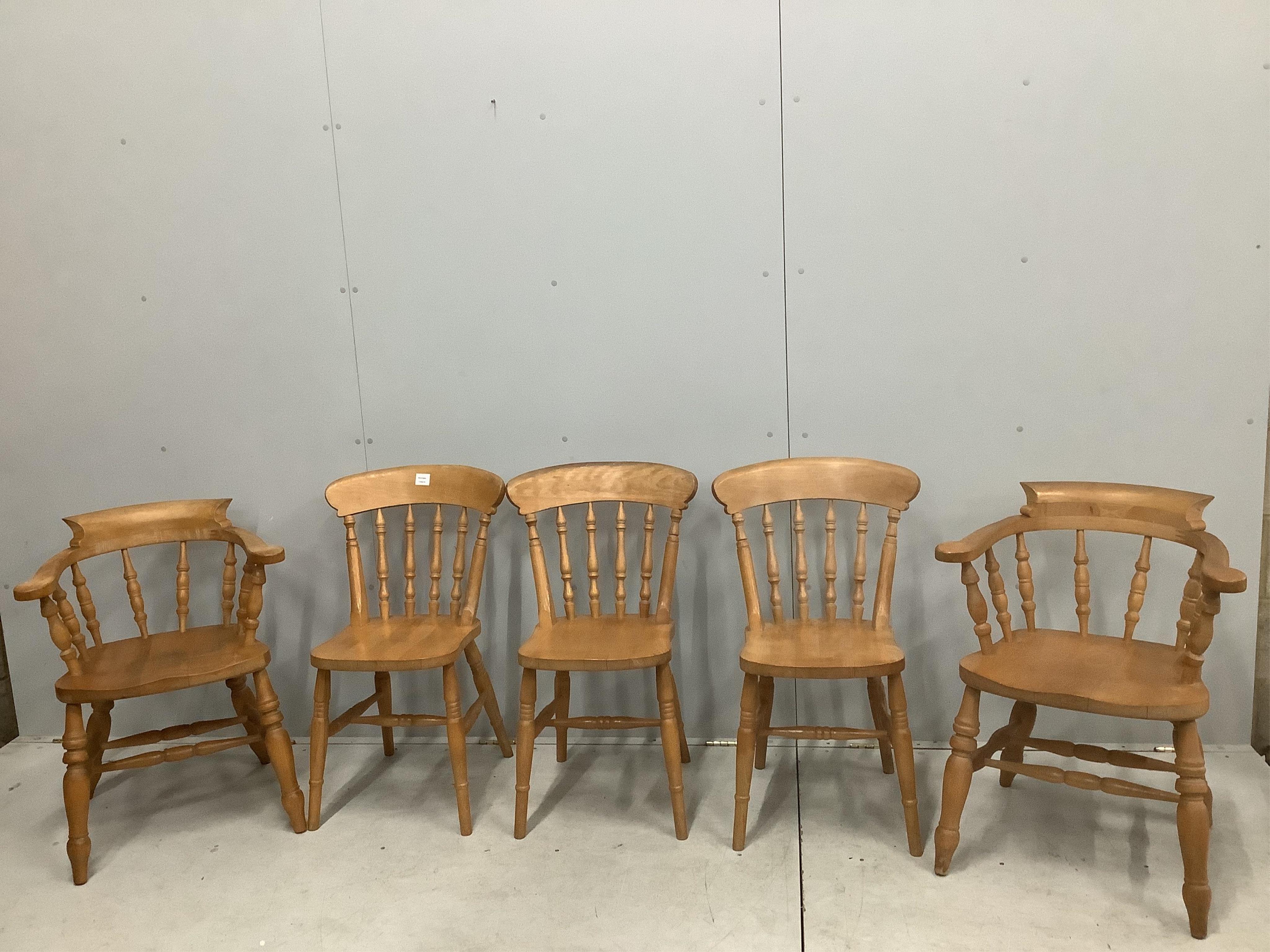 An 18th century style rectangular pine refectory dining table, width 171cm, depth 85cm, height 76cm together with five Victorian style dining chairs. Condition - fair to good